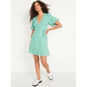 Old Navy Green White Plaid Wrap Mini Dress Puff Sleeves Size M Tall NWOT